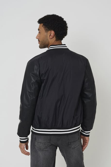 Black Varsity Style Jacket With Pu Sleeves - Image 2