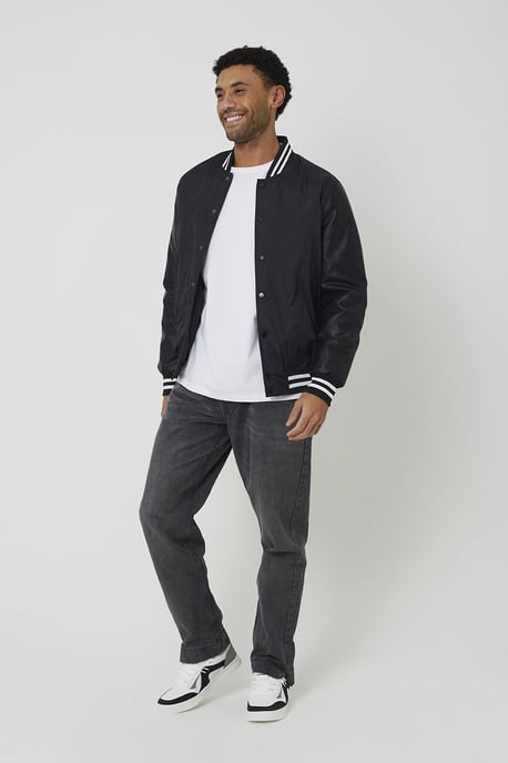 Black Varsity Style Jacket With Pu Sleeves - Image 3