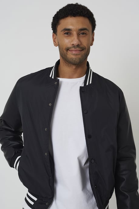 Black Varsity Style Jacket With Pu Sleeves - Image 4
