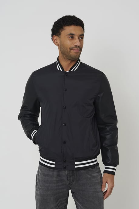 Black Varsity Style Jacket With Pu Sleeves - Image 5