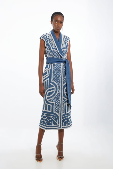 Petite Premium Pearl Embellished Denim Woven Blazer Midi Dress - Image 1