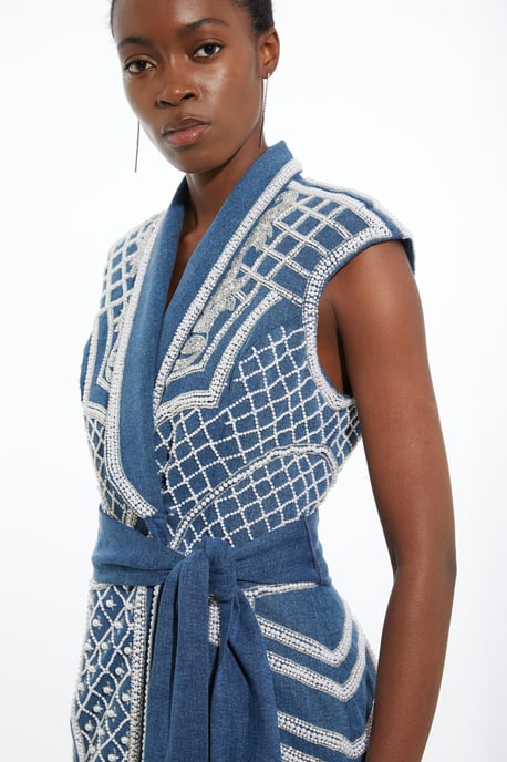 Petite Premium Pearl Embellished Denim Woven Blazer Midi Dress - Image 3