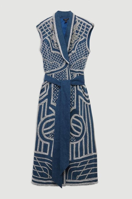 Petite Premium Pearl Embellished Denim Woven Blazer Midi Dress - Image 4