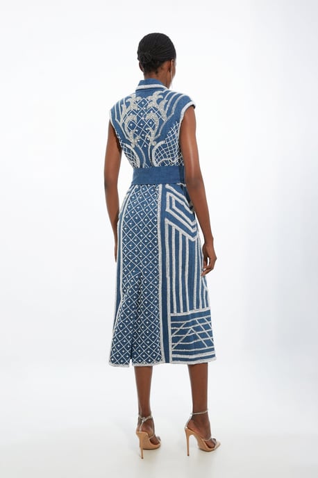 Petite Premium Pearl Embellished Denim Woven Blazer Midi Dress - Image 5