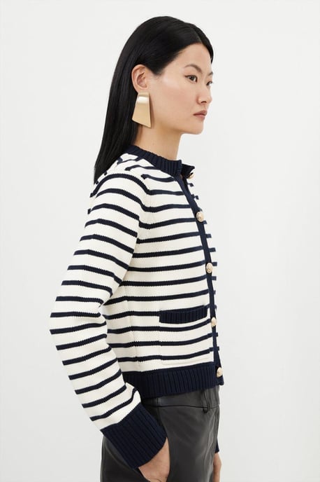 Cotton Cropped Knit Boxy Striped Cardigan - Image 3