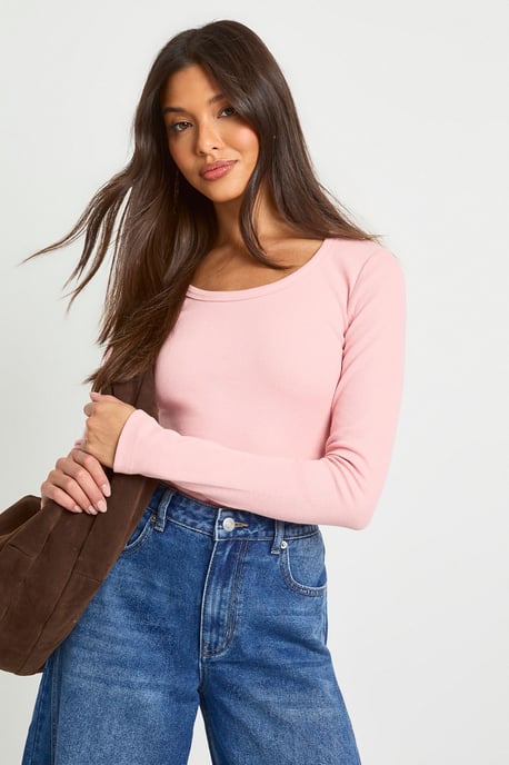 Basic Rib Scoop Neck Fitted Long Sleeve Top - Image 1