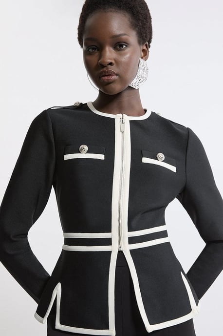 Figure Form Bandage Military Contrast Piping Knit Split Hem Jacket - Image 1