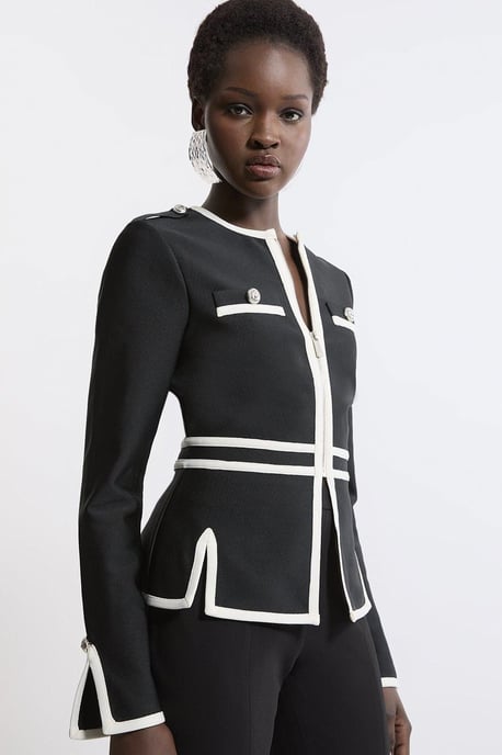 Figure Form Bandage Military Contrast Piping Knit Split Hem Jacket - Image 2