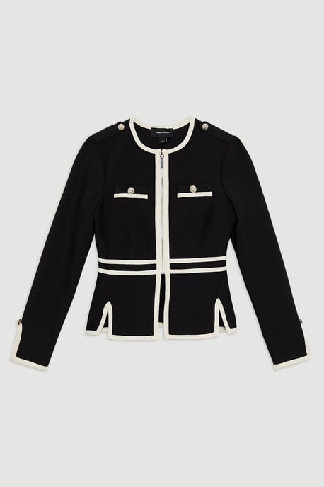 Figure Form Bandage Military Contrast Piping Knit Split Hem Jacket - Image 4