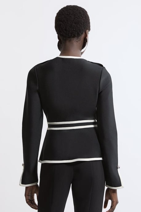 Figure Form Bandage Military Contrast Piping Knit Split Hem Jacket - Image 5