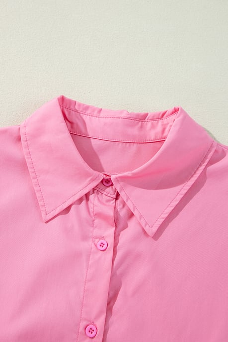 Bright Pink Balloon Sleeve Button Up Mini Shirt Dress - Image 3
