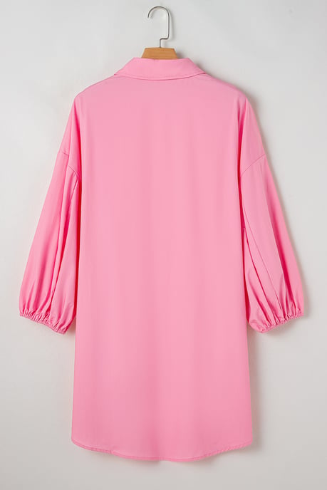 Bright Pink Balloon Sleeve Button Up Mini Shirt Dress - Image 5