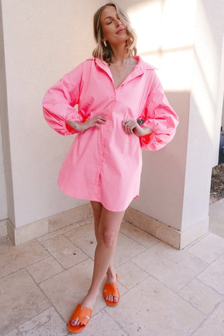 Bright Pink Balloon Sleeve Button Up Mini Shirt Dress - Image 6