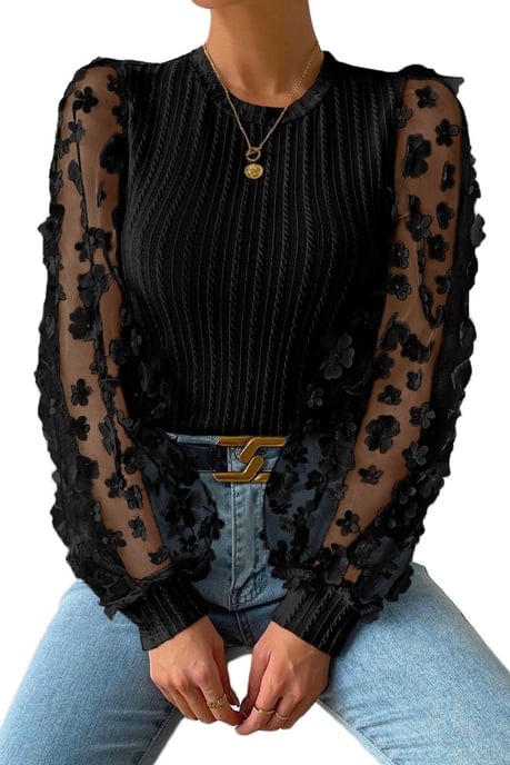 Black Floral Applique Mesh Sleeves Textured Knit Blouse - Image 2