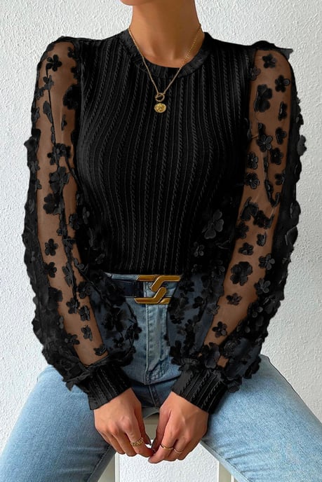 Black Floral Applique Mesh Sleeves Textured Knit Blouse - Image 3