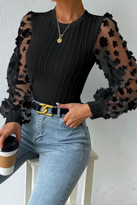 Black Floral Applique Mesh Sleeves Textured Knit Blouse - Image 4