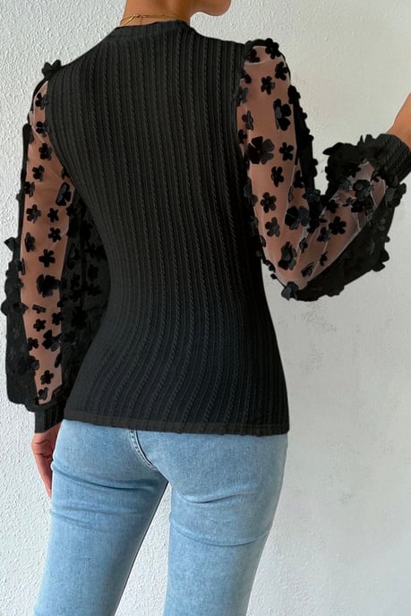 Black Floral Applique Mesh Sleeves Textured Knit Blouse - Image 5