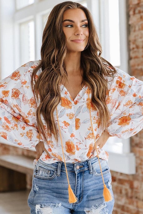 White Tassel Tie V Neck Bubble Sleeve Floral Blouse - Image 1