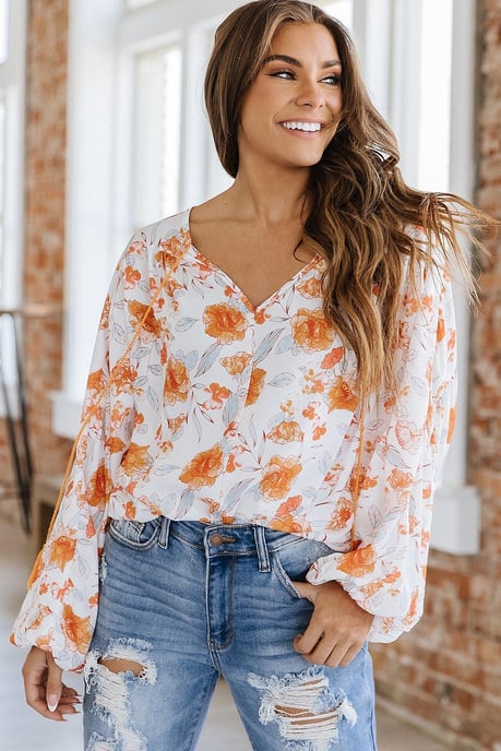White Tassel Tie V Neck Bubble Sleeve Floral Blouse - Image 2