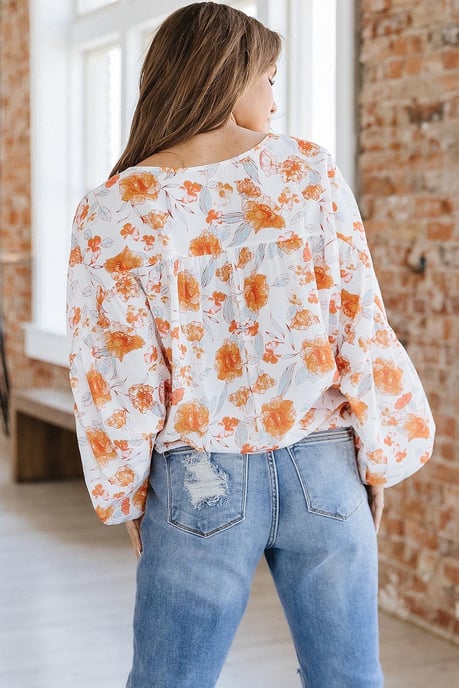 White Tassel Tie V Neck Bubble Sleeve Floral Blouse - Image 3