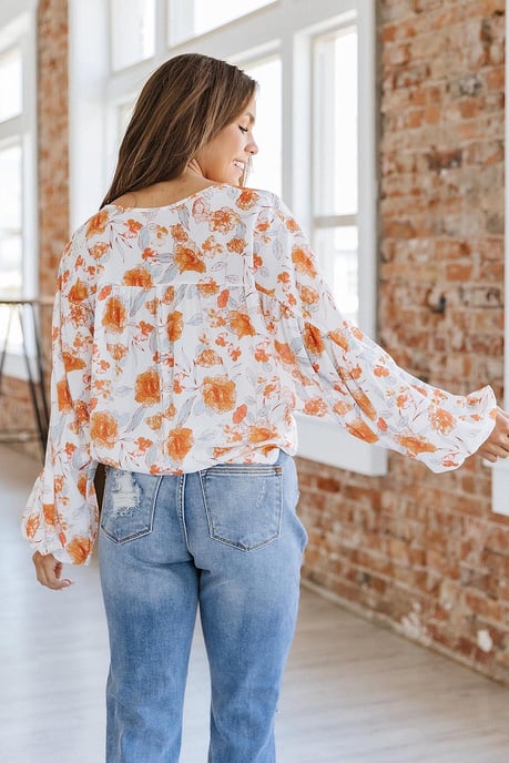 White Tassel Tie V Neck Bubble Sleeve Floral Blouse - Image 4