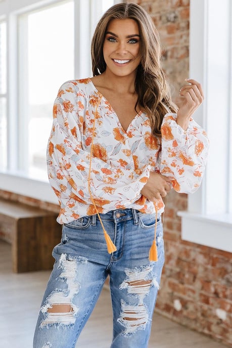 White Tassel Tie V Neck Bubble Sleeve Floral Blouse - Image 5