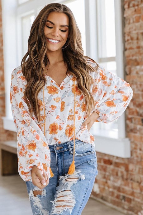 White Tassel Tie V Neck Bubble Sleeve Floral Blouse - Image 6