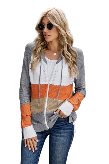 Gray Zipped Front Colorblock Hollow-out Knit Hoodie - Image 1