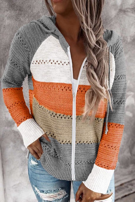 Gray Zipped Front Colorblock Hollow-out Knit Hoodie - Image 2