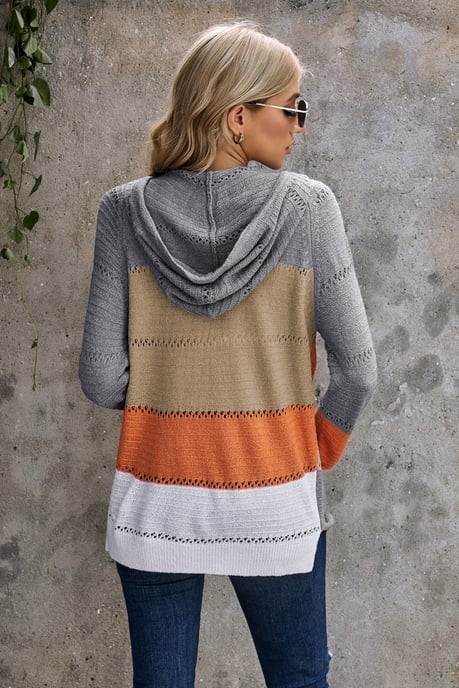 Gray Zipped Front Colorblock Hollow-out Knit Hoodie - Image 3