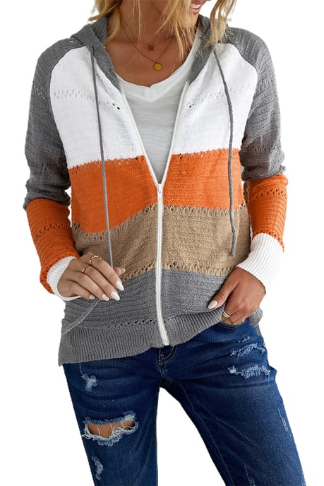 Gray Zipped Front Colorblock Hollow-out Knit Hoodie - Image 4