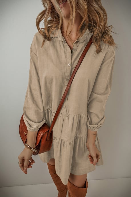 Tan Puff Sleeve Buttoned Tiered Pleated Shirt Mini Dress - Image 1