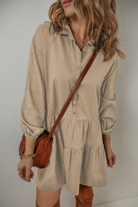 Tan Puff Sleeve Buttoned Tiered Pleated Shirt Mini Dress - Image 2