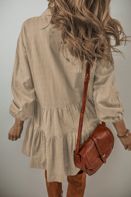Tan Puff Sleeve Buttoned Tiered Pleated Shirt Mini Dress - Image 3