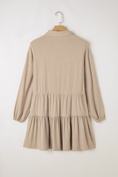 Tan Puff Sleeve Buttoned Tiered Pleated Shirt Mini Dress - Image 5