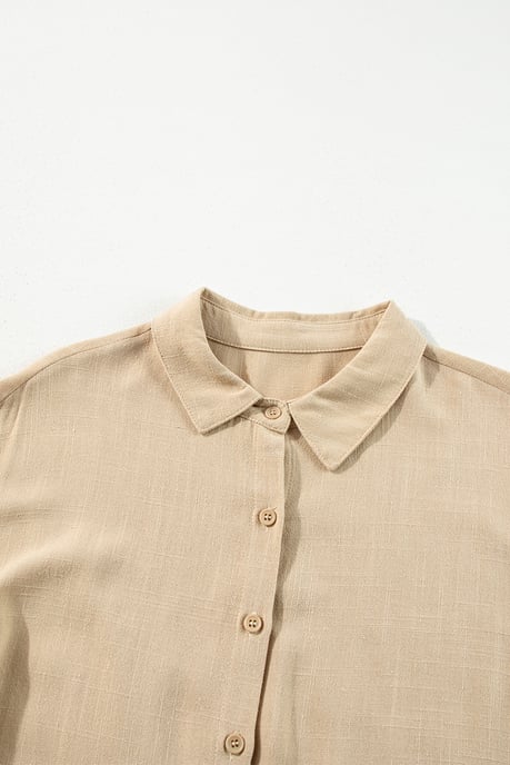Tan Puff Sleeve Buttoned Tiered Pleated Shirt Mini Dress - Image 6