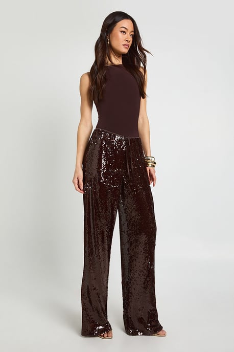 Tall Low Rise Drawcord Waistband Sequin Trouser - Image 3