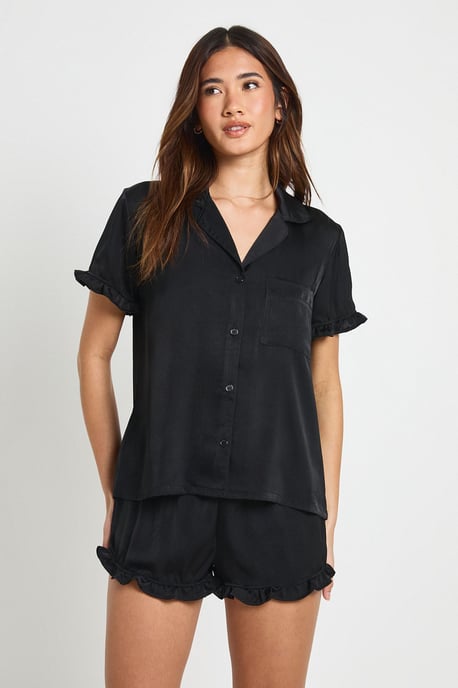Satin Frill Detail Short Sleeve Shirt & Short Pyjama Set - Image 1