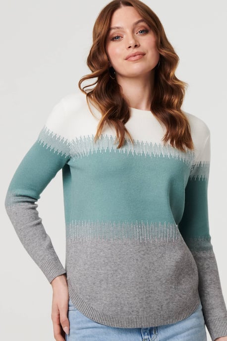 Green Sparkly Colour Block Curve Hem Jumper - Image 2