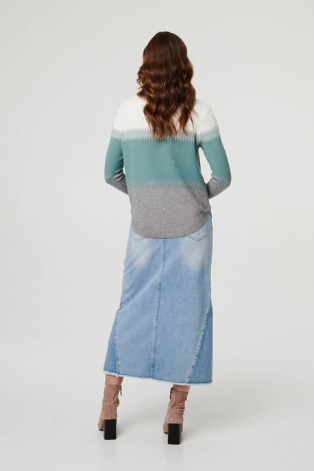 Green Sparkly Colour Block Curve Hem Jumper - Image 3