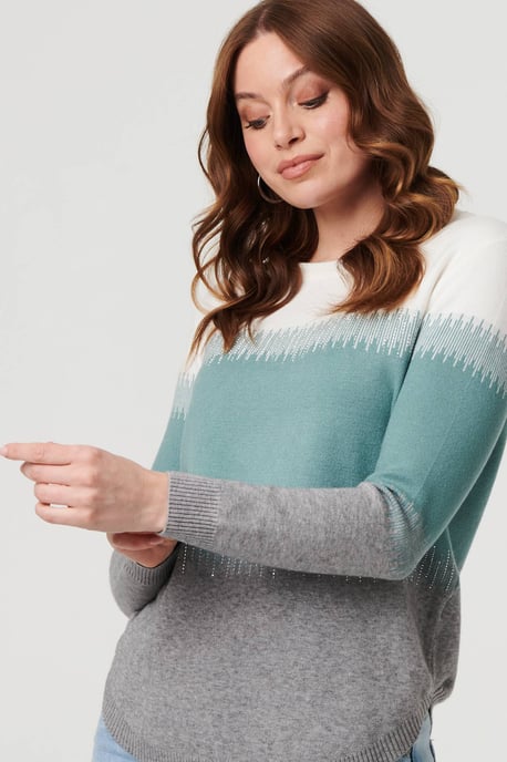 Green Sparkly Colour Block Curve Hem Jumper - Image 6