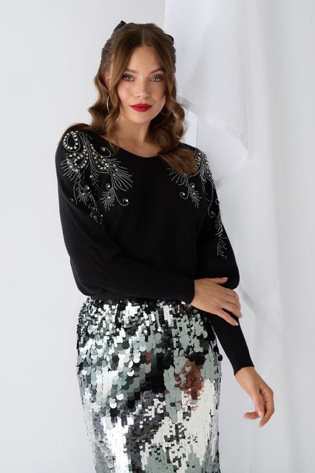 Black Sparkly Embellished V-Neck Jumper - Image 1