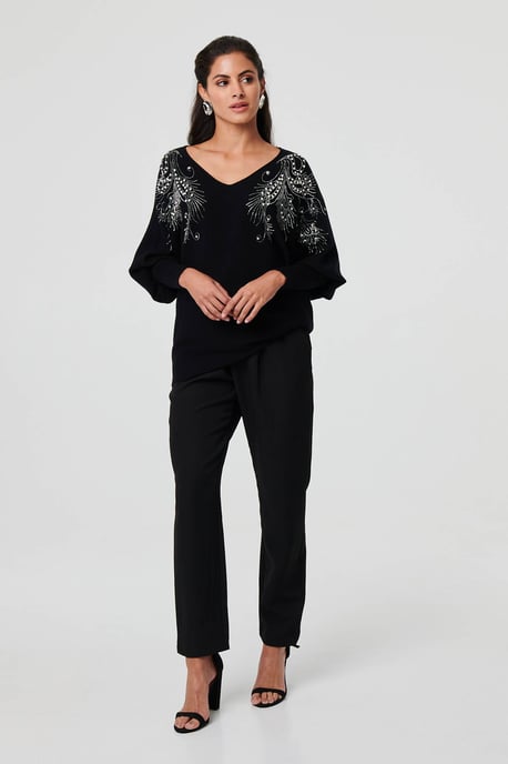 Black Sparkly Embellished V-Neck Jumper - Image 2