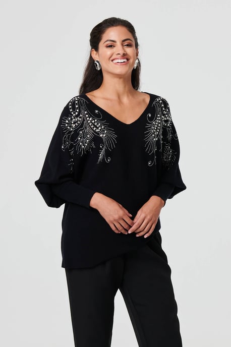 Black Sparkly Embellished V-Neck Jumper - Image 3