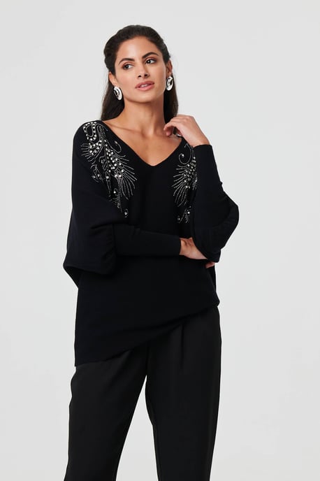 Black Sparkly Embellished V-Neck Jumper - Image 5