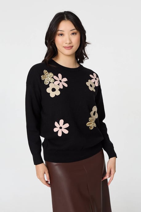 Black Sequin Floral Embellished Relaxed Jumper - Image 1