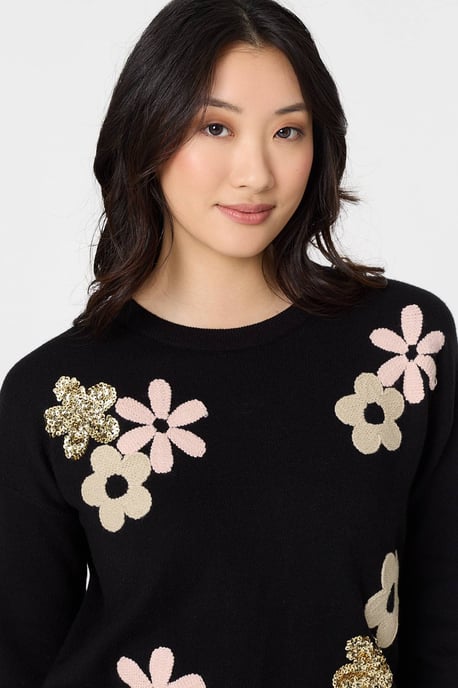 Black Sequin Floral Embellished Relaxed Jumper - Image 2