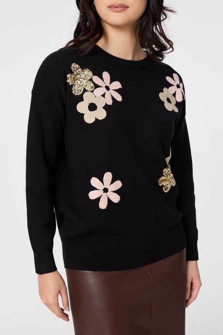 Black Sequin Floral Embellished Relaxed Jumper - Image 5