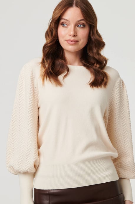 Beige Chevron Texture Balloon Sleeve Jumper - Image 2