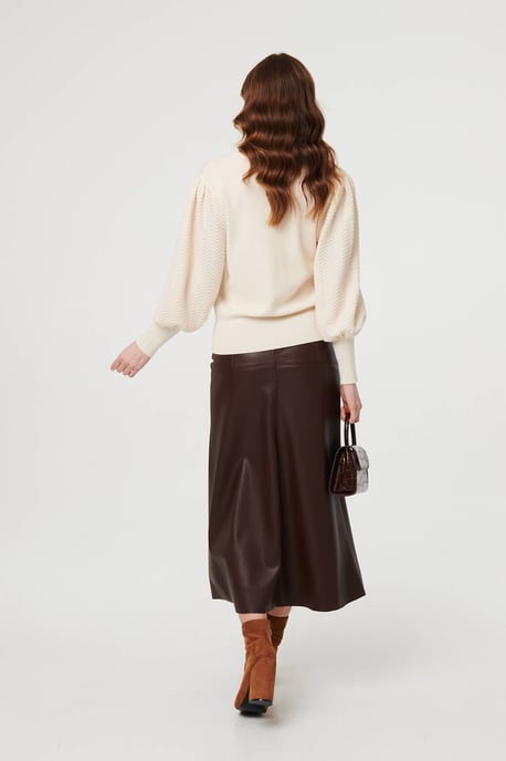 Beige Chevron Texture Balloon Sleeve Jumper - Image 3